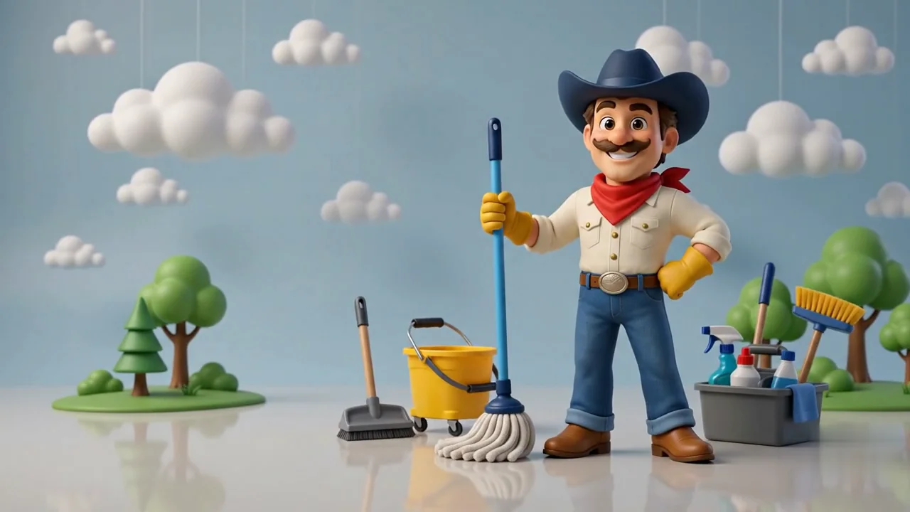 Tidy Cowboy mascot with mop and cleaning supplies in a bright, tidy space
