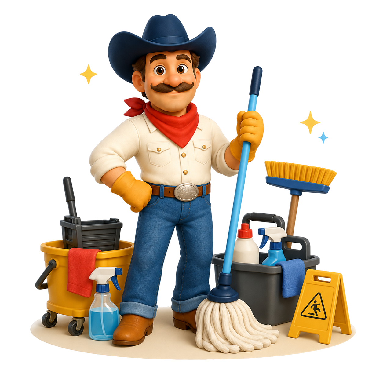 Tidy Cowboy mascot with cleaning supplies